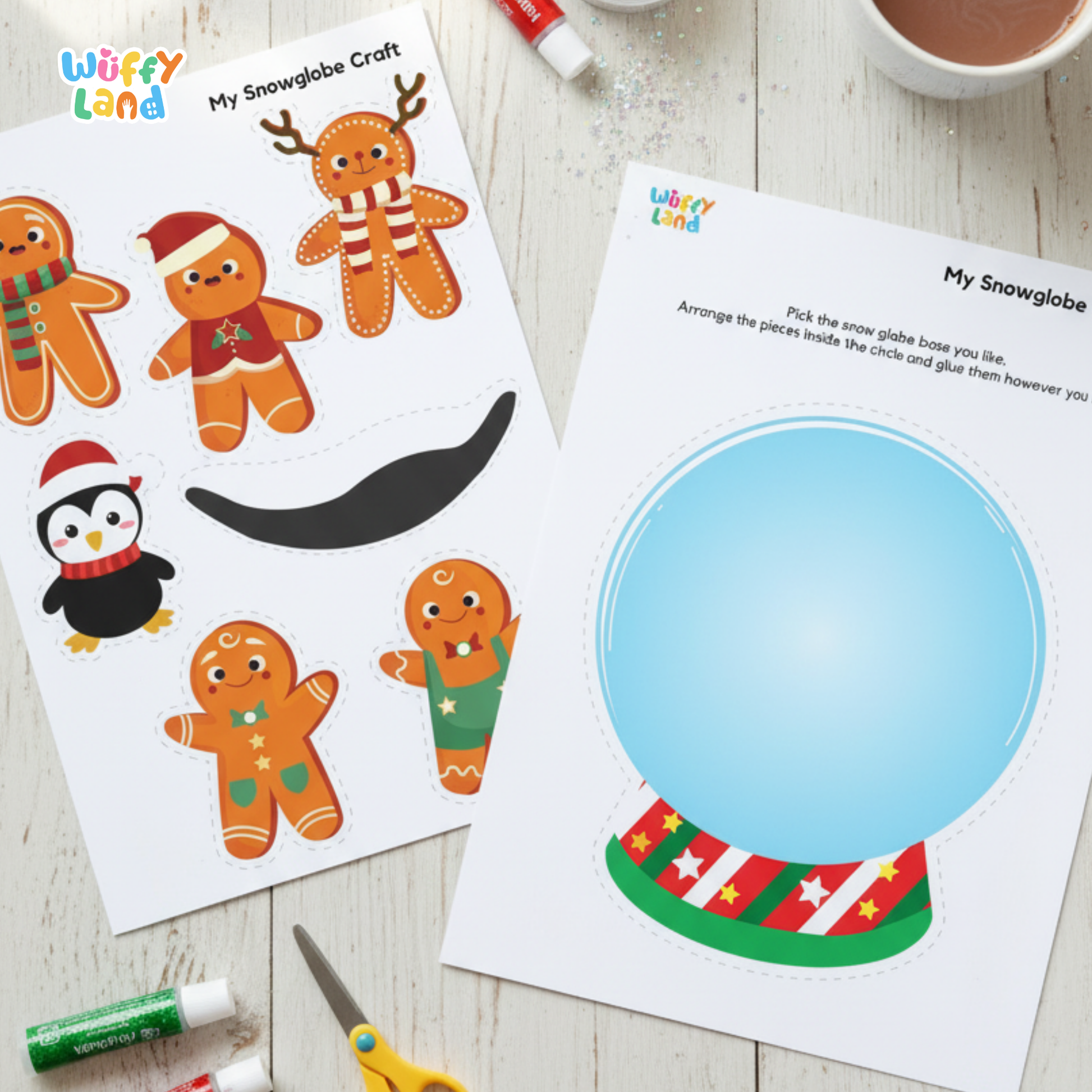 Printable snowglobe craft activity for kids featuring a blank snowglobe template to draw or paste items inside. Surrounded by cute winter graphics like a gingerbread cookie, snowman, penguin, presents, crayons, and scissors. Fun holiday-themed art project for preschool and elementary students.