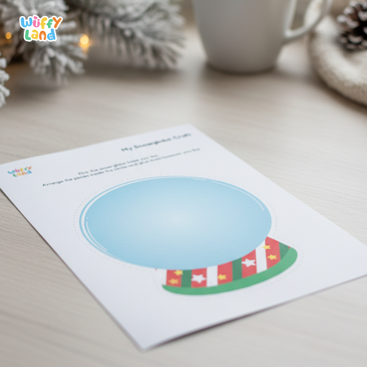Printable snowglobe craft activity for kids featuring a blank snowglobe template to draw or paste items inside. Surrounded by cute winter graphics like a gingerbread cookie, snowman, penguin, presents, crayons, and scissors. Fun holiday-themed art project for preschool and elementary students