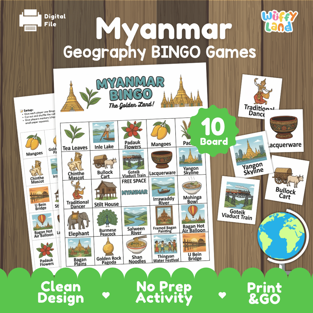 Classroom educational Bingo game cards featuring Bagan hot air balloons, Inle Lake, Mohinga soup, and lacquerware 🎲🍲
