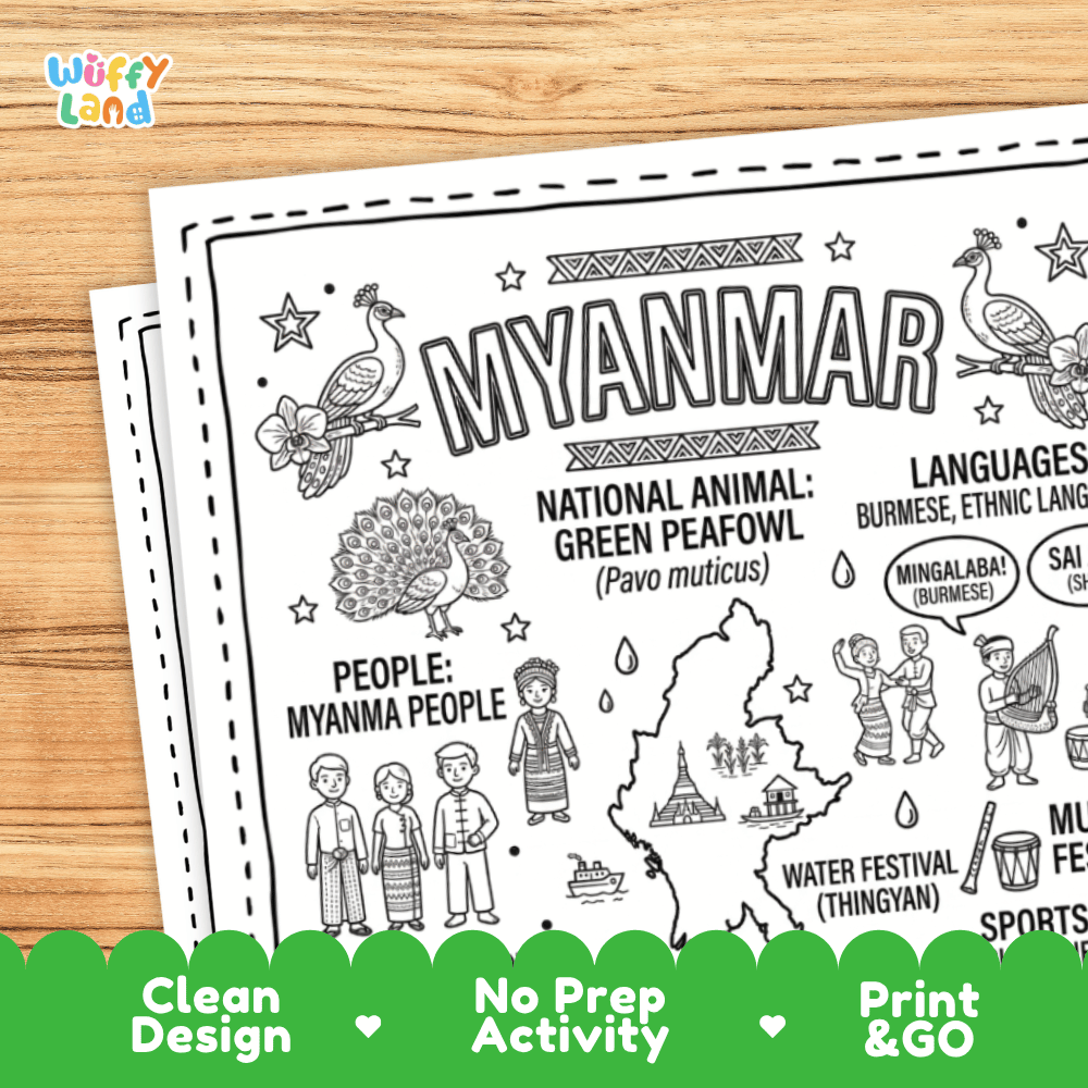 Cultural coloring page featuring traditional Myanmar longyi dress, Thingyan water festival, Chinlone game, lacquerware, and Mingalaba greeting