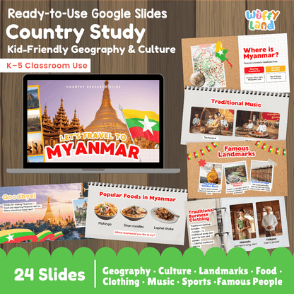 Interactive Google Slides deck displaying famous Myanmar landmarks like Shwedagon Pagoda and traditional Burmese foods 💻🏯