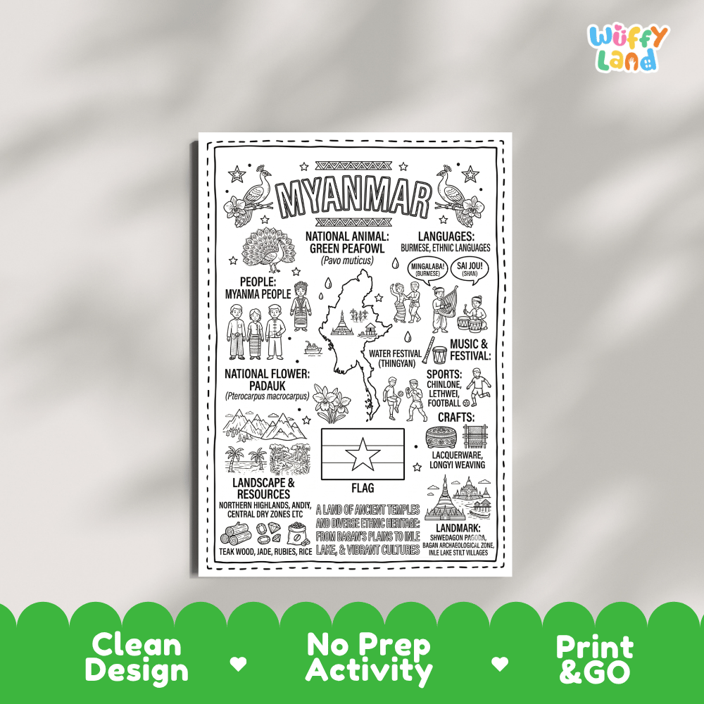 Educational activity coloring page highlighting Myanmar Green Peafowl Pavo muticus, Padauk flower, and national star flag