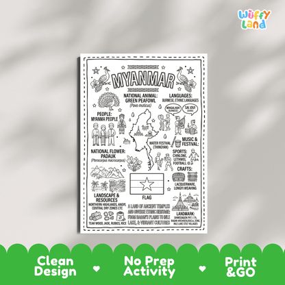 Educational activity coloring page highlighting Myanmar Green Peafowl Pavo muticus, Padauk flower, and national star flag