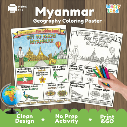 Myanmar Geography Coloring Poster and Fact Sheet Printables