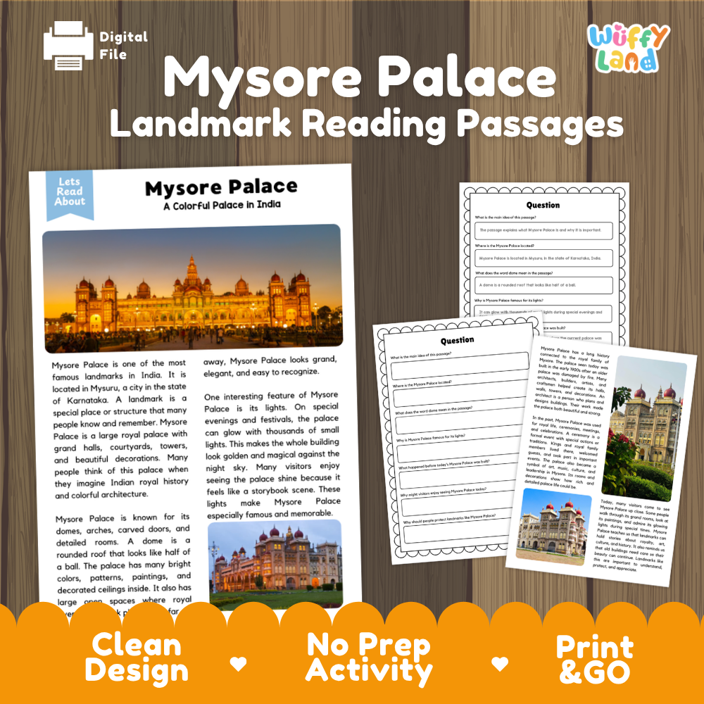 Digital reading passage bundle cover for 'Mysore Palace Landmark Reading Passages' by Wiffly Land, shown on a wood background with sample pages and an orange banner reading 'Clean Design', 'No Prep Activity', and 'Print & GO'.