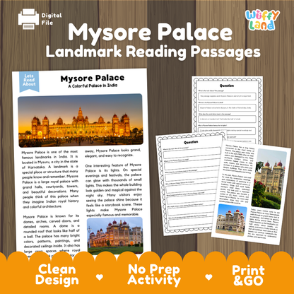 Digital reading passage bundle cover for 'Mysore Palace Landmark Reading Passages' by Wiffly Land, shown on a wood background with sample pages and an orange banner reading 'Clean Design', 'No Prep Activity', and 'Print & GO'.