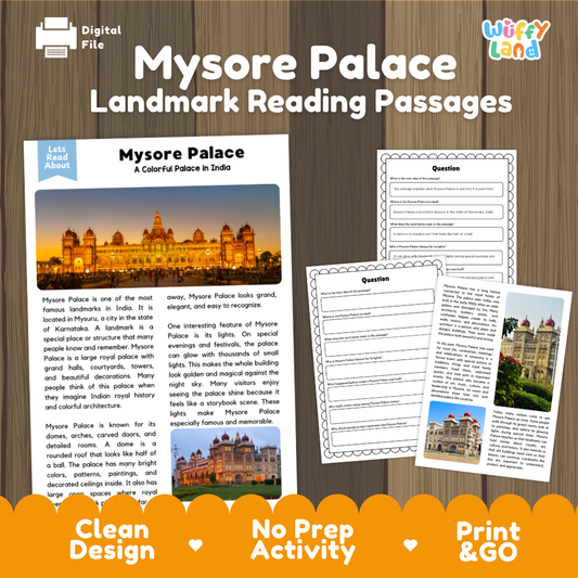 Digital reading passage bundle cover for 'Mysore Palace Landmark Reading Passages' by Wiffly Land, shown on a wood background with sample pages and an orange banner reading 'Clean Design', 'No Prep Activity', and 'Print & GO'.