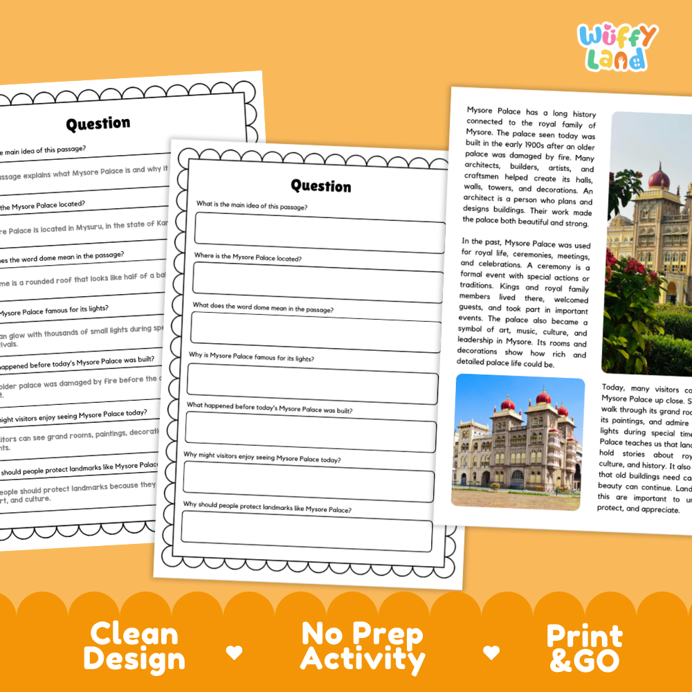 Three printable worksheet pages about Pyotr Polakov and the Mirzakhana Mosque are shown on a white background with an orange banner at the bottom reading 'Clean Design', 'No Prep Activity', and 'Print & GO'. The top right shows a small inset photo with the brand/logo 'wiffy land'.