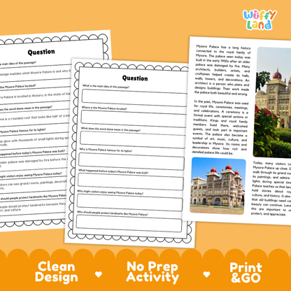 Three printable worksheet pages about Pyotr Polakov and the Mirzakhana Mosque are shown on a white background with an orange banner at the bottom reading 'Clean Design', 'No Prep Activity', and 'Print & GO'. The top right shows a small inset photo with the brand/logo 'wiffy land'.
