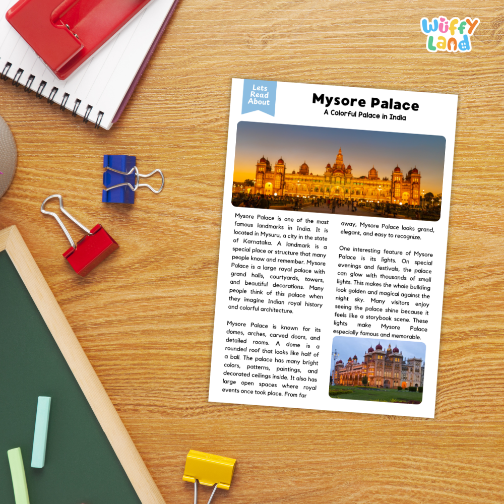 A printed educational poster about Mysore Palace is displayed on a wooden desk alongside school supplies, including a spiral notebook, a red folder, binder clips, and a green notebook.
