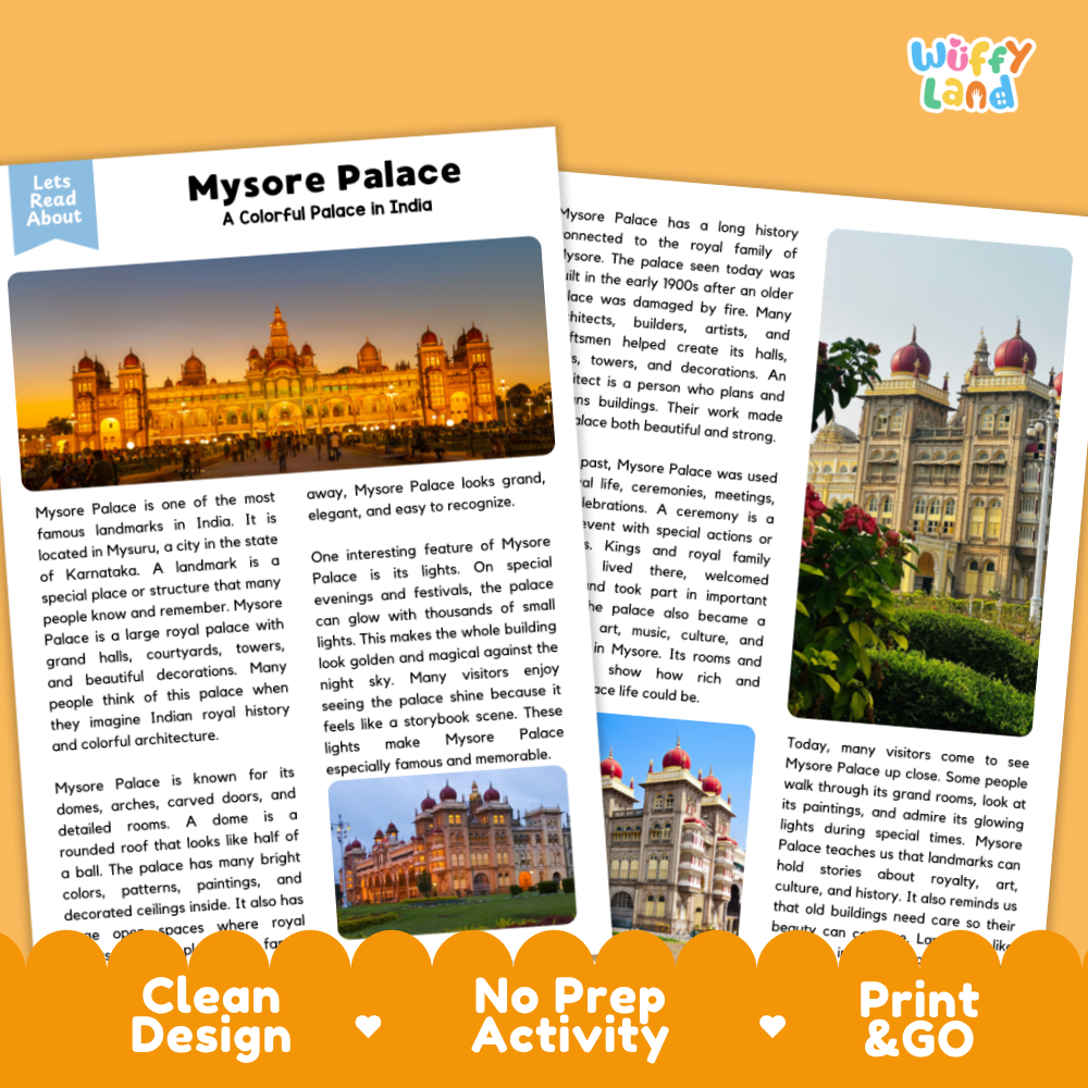 An educational reading activity card set titled 'Mysore Palace: A Colorful Palace in India' by Wuffiy Land. The set includes a 'Let's Read About' tab on the left and two pages of text with embedded photos of the palace, set against a clean white background with colorful decorative text at the bottom.