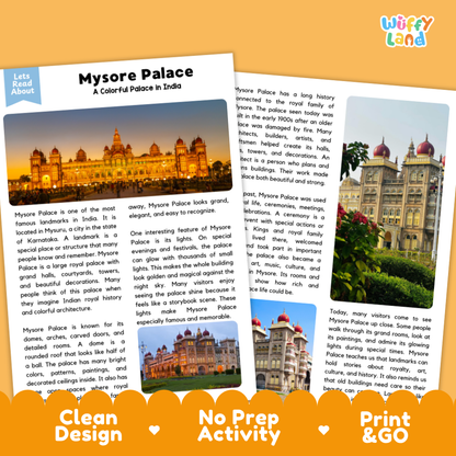 An educational reading activity card set titled 'Mysore Palace: A Colorful Palace in India' by Wuffiy Land. The set includes a 'Let's Read About' tab on the left and two pages of text with embedded photos of the palace, set against a clean white background with colorful decorative text at the bottom.