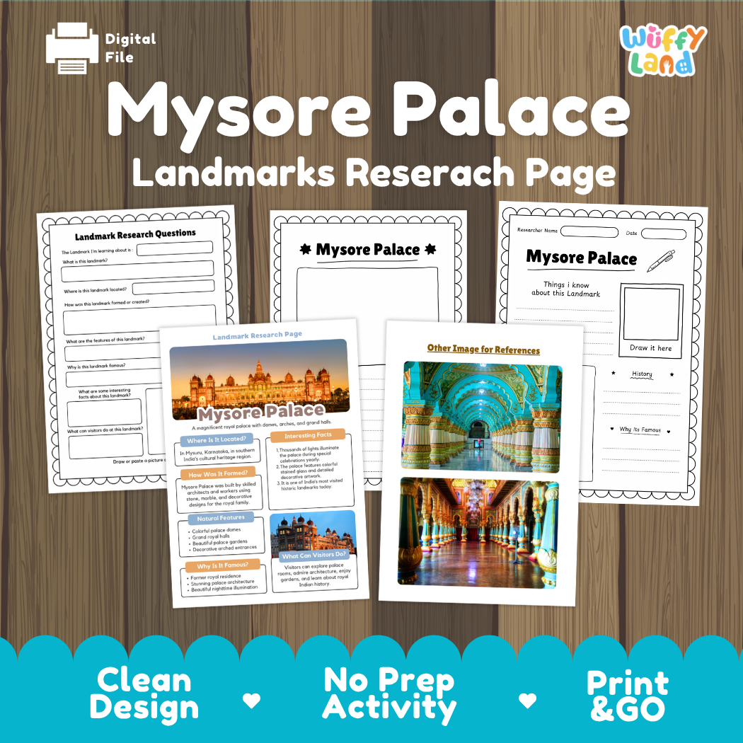 Digital download activity sheet set titled 'Mysore Palace Landmarks Researach Page' on a wood background, showing several printable worksheet pages and a larger reference page with photos of the palace and its interior. Brand/logo 'Wiffy Land' appears in the top right.