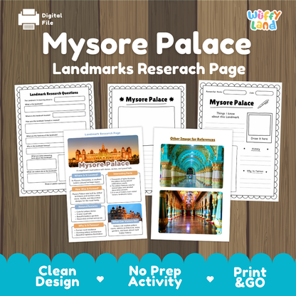 Digital download activity sheet set titled 'Mysore Palace Landmarks Researach Page' on a wood background, showing several printable worksheet pages and a larger reference page with photos of the palace and its interior. Brand/logo 'Wiffy Land' appears in the top right.