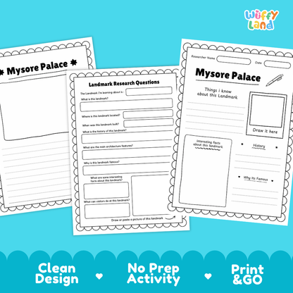 Three printable worksheet pages for a 'Mysore Palace' educational activity, displayed on a bright blue background with 'Wiffy Land' branding in the top right and feature callouts at the bottom.