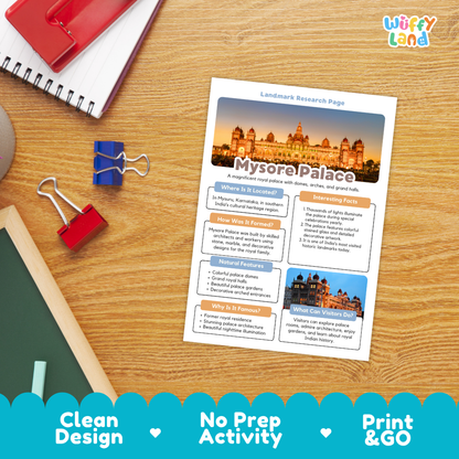 A printed 'Mysore Palace' landmark research page laid on a wooden desk with school supplies around it, including a spiral notebook, red and blue binder clips, and a green notebook. The page has a clean blue-and-white layout with a photo of the palace and text sections.