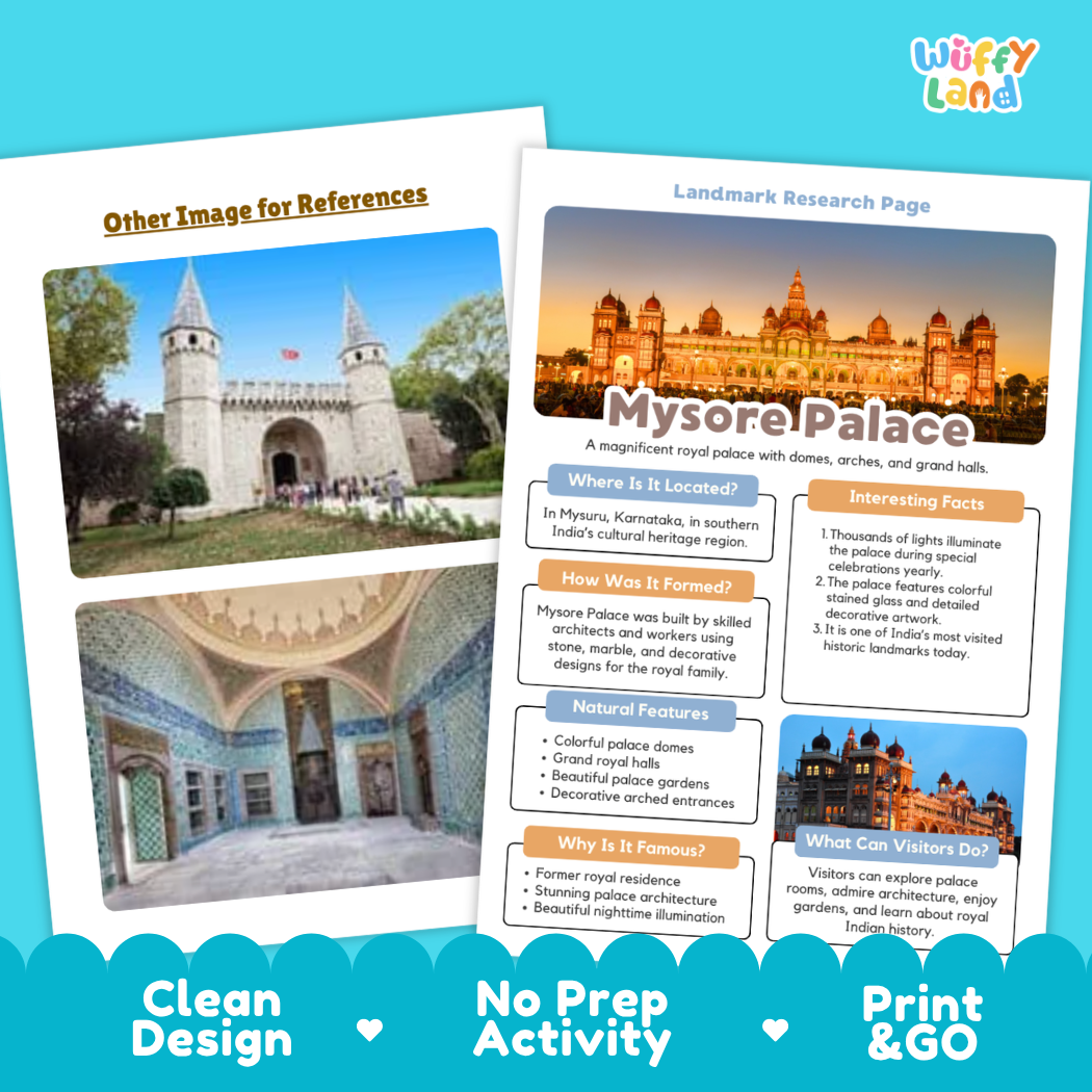 A product mockup for an educational 'Landmark Research Page' activity sheet about Mysore Palace. The white sheet features a header with the Mysore Palace photo and text sections, set against a background with a second reference image and decorative blue wave borders at the bottom with the text 'Clean Design', 'No Prep Activity', and 'Print & GO'.