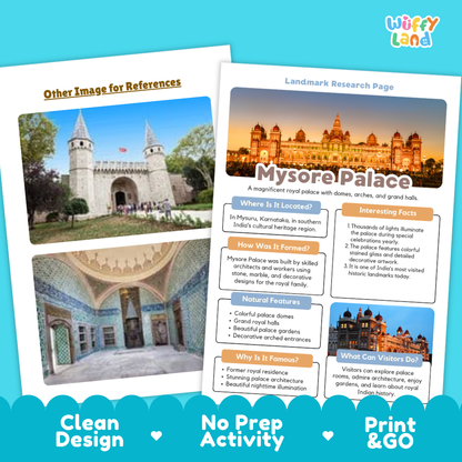 A product mockup for an educational 'Landmark Research Page' activity sheet about Mysore Palace. The white sheet features a header with the Mysore Palace photo and text sections, set against a background with a second reference image and decorative blue wave borders at the bottom with the text 'Clean Design', 'No Prep Activity', and 'Print & GO'.