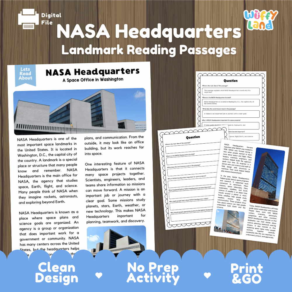 NASA Headquarters landmark reading passages nonfiction text comprehension and vocabulary study unit featuring informational worksheets and authentic building photos