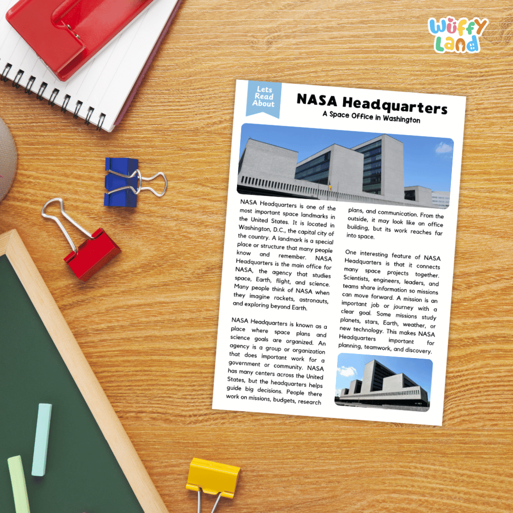 Lined reading comprehension question worksheet covering main ideas vocabulary words and landmark facts about NASA headquarters