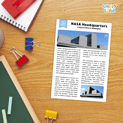 Lined reading comprehension question worksheet covering main ideas vocabulary words and landmark facts about NASA headquarters