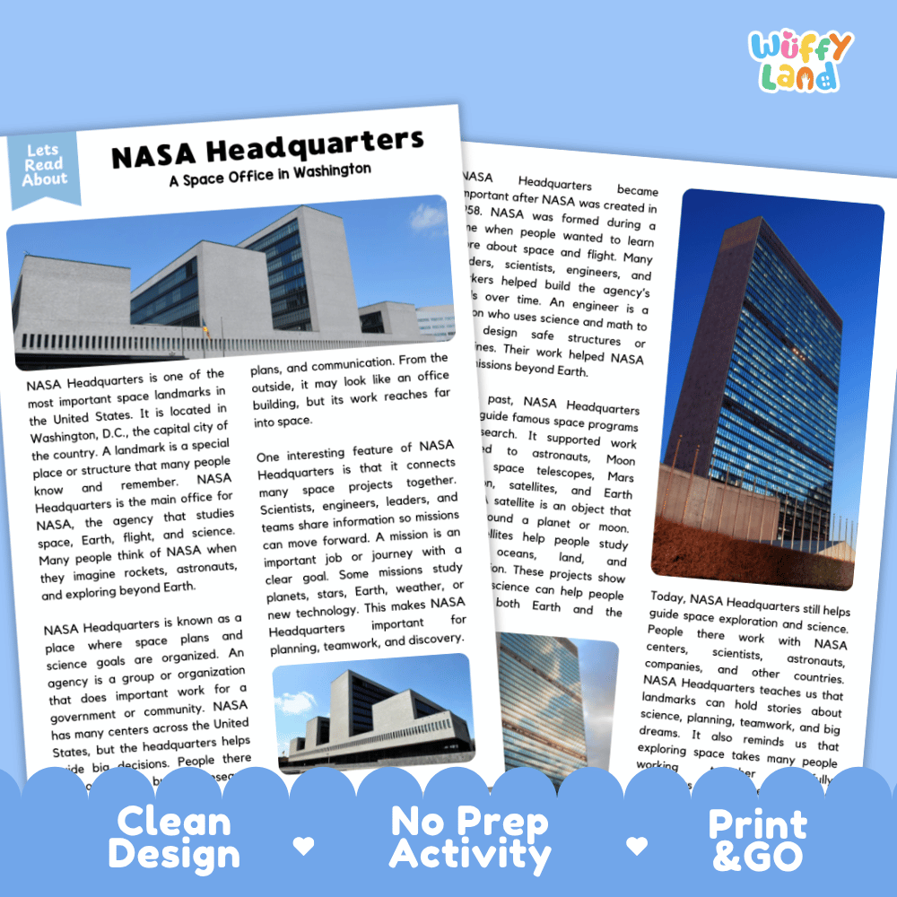 Reference sheet and answer key for NASA headquarters landmark reading passage showing completed comprehension answers and space agency facts