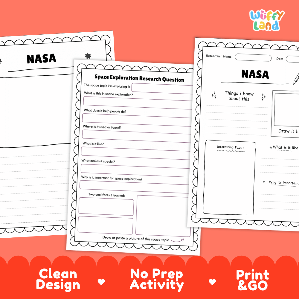 Three printable space exploration worksheet pages with NASA-themed headings are shown on a coral background with promotional text reading 'Clean Design', 'No Prep Activity', and 'Print & GO'. The top right shows the 'Wiffly Land' logo.