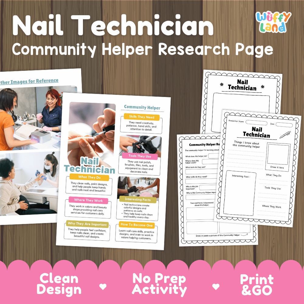 Nail technician community helper research page writing worksheets pack featuring real photos and student activity pages for elementary social studies and life skills