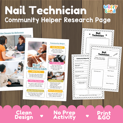 Nail technician community helper research page writing worksheets pack featuring real photos and student activity pages for elementary social studies and life skills