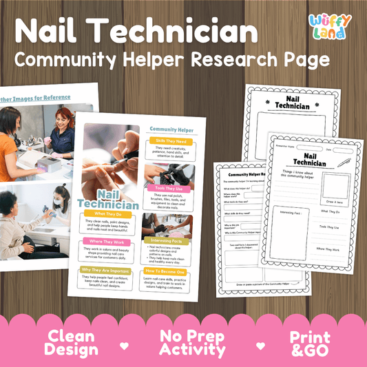 Nail technician community helper research page writing worksheets pack featuring real photos and student activity pages for elementary social studies and life skills