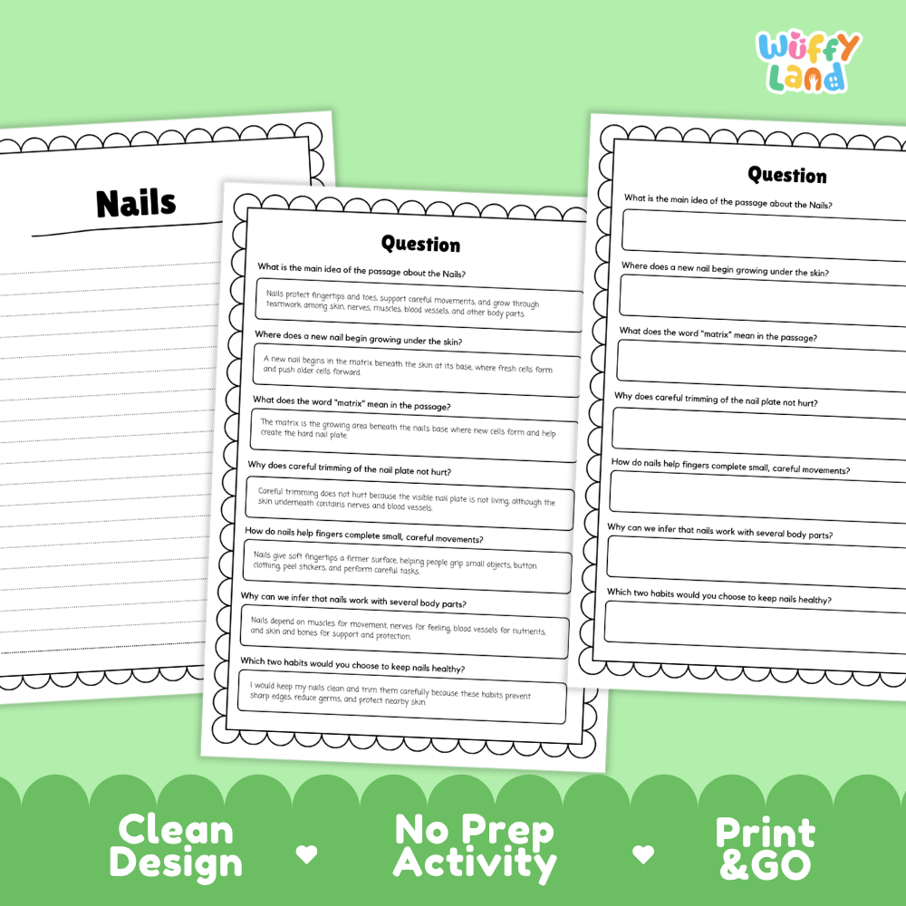 Informational reading passage page detailing human nails keratin protein matrix growth nail bed protection and hygiene habits with diagrams