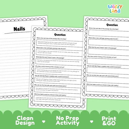 Informational reading passage page detailing human nails keratin protein matrix growth nail bed protection and hygiene habits with diagrams