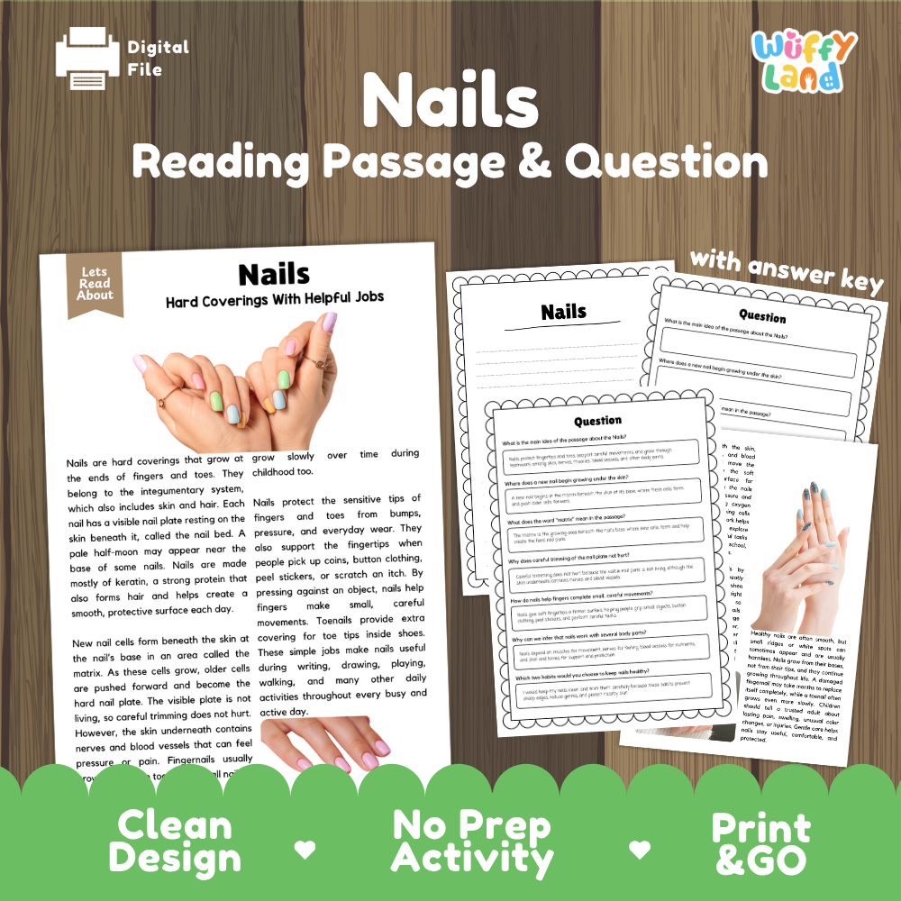 Nails reading comprehension passage and questions printable activity pack with answer key for elementary students