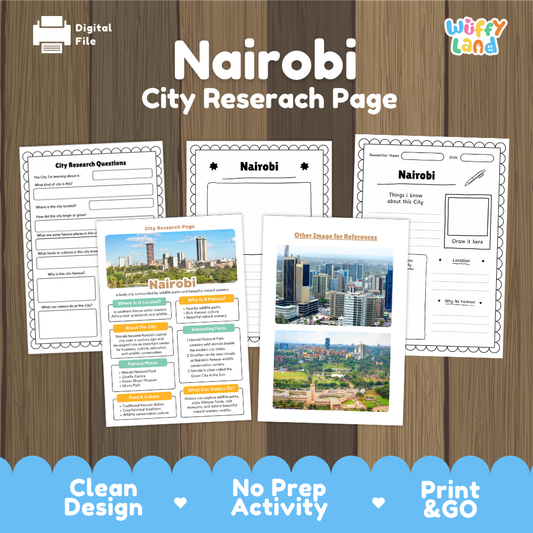 Digital preview of a Nairobi city research page activity sheet set on a wood background, with the title 'Nairobi City Research Page' and a 'Wiffly Land' logo. The preview shows worksheet pages and a reference page with city photos and text boxes, plus a blue banner at the bottom reading 'Clean Design', 'No Prep Activity', and 'Print & GO'.