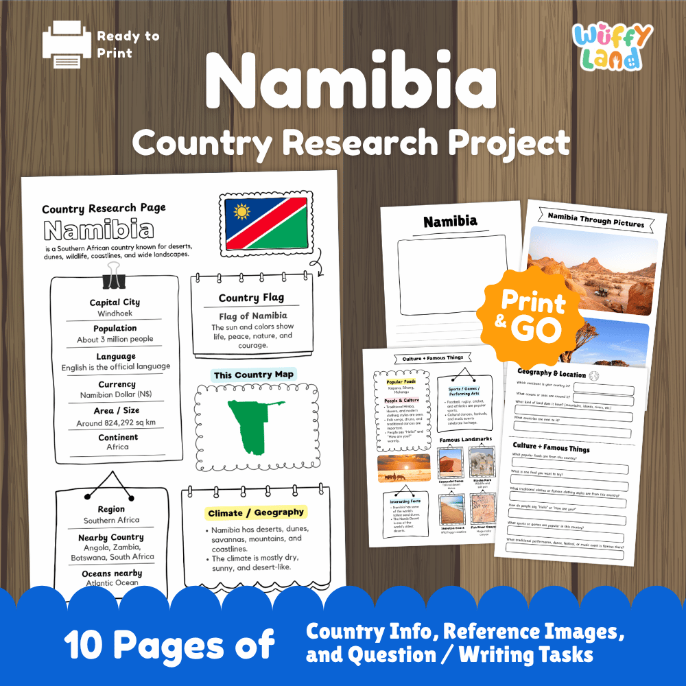 Namibia Country Research Project Printable Worksheets and Activities