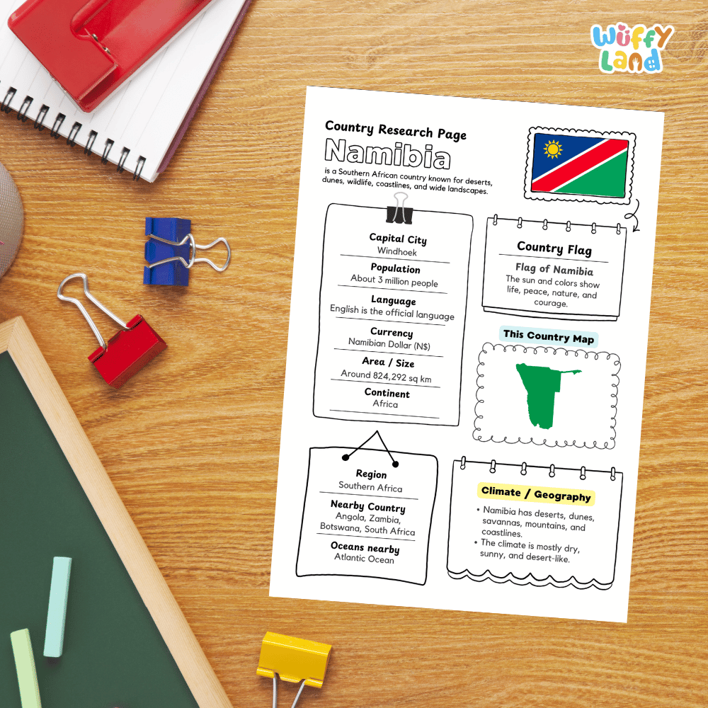Namibia Country Research Project Printable Worksheets and Activities