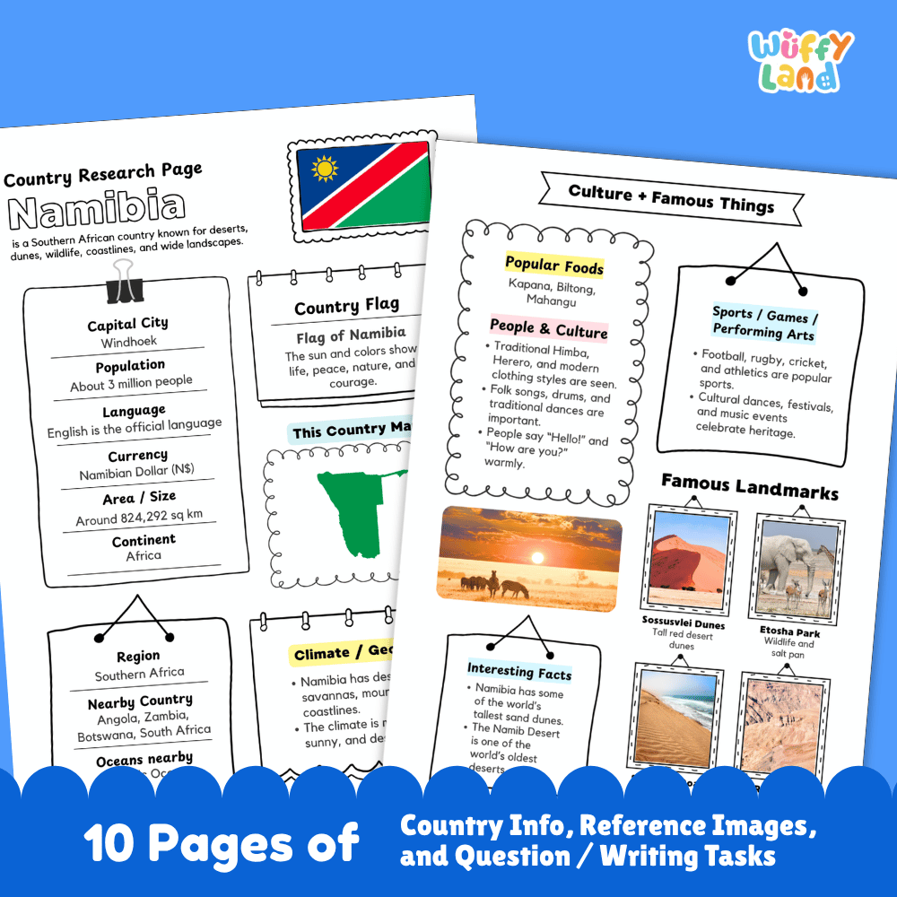 Namibia Country Research Project Printable Worksheets and Activities