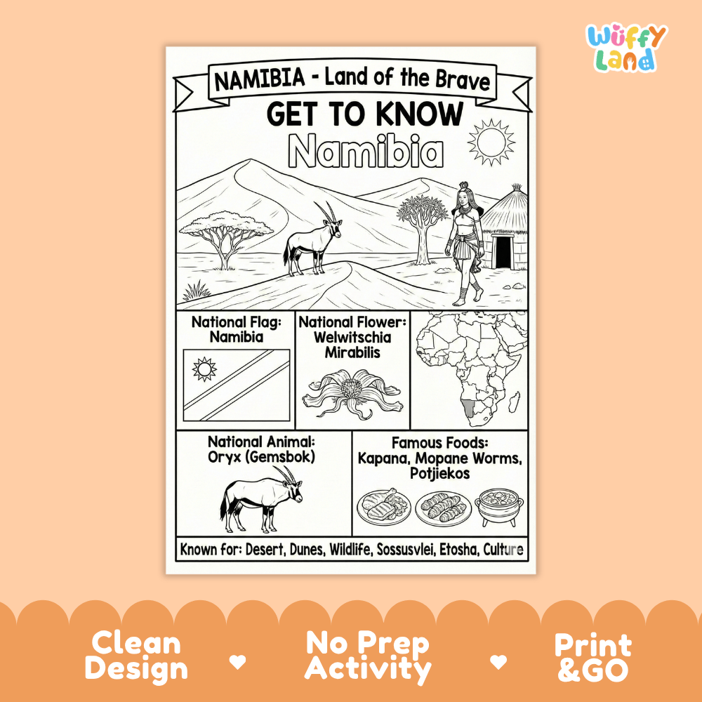 Namibia Geography Coloring Poster and Fact Sheet Printable Worksheets