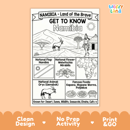 Namibia Geography Coloring Poster and Fact Sheet Printable Worksheets