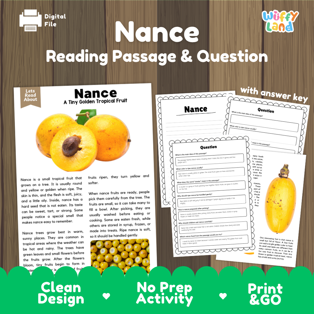 Nance reading comprehension passage and questions printable activity pack with answer key for elementary students