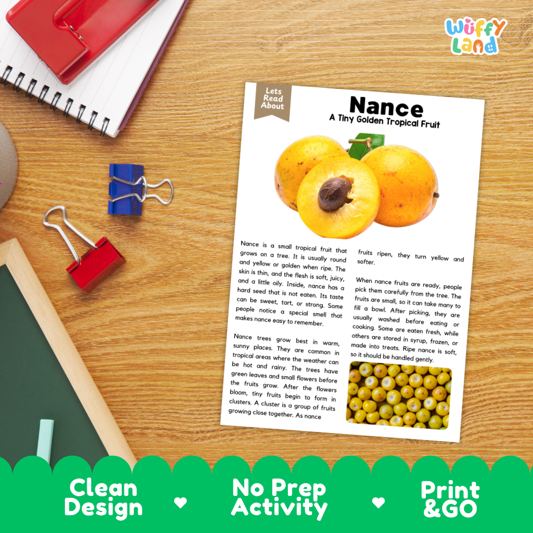 Student reading comprehension worksheet with short-answer questions and lined sections about the nance fruit