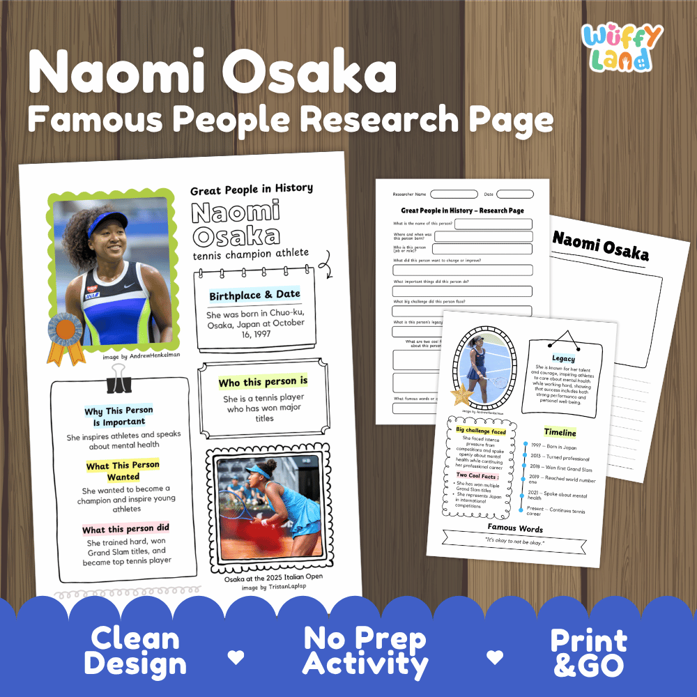 Naomi Osaka biography research worksheets pack featuring graphic organizers, timeline activity, and student writing template
