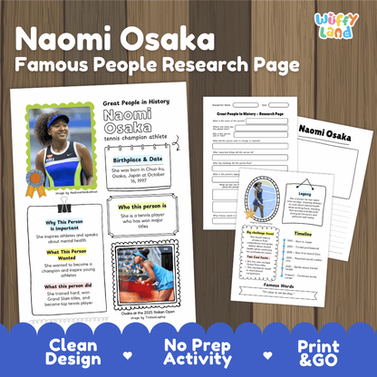 Naomi Osaka biography research worksheets pack featuring graphic organizers, timeline activity, and student writing template