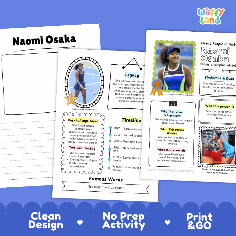 Great People in History student fact profile card detailing Naomi Osaka's birthplace, tennis career, and mental health advocacy