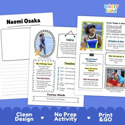 Great People in History student fact profile card detailing Naomi Osaka's birthplace, tennis career, and mental health advocacy