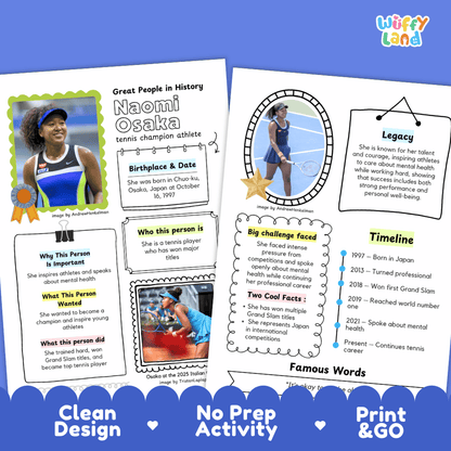 Educational biography summary worksheet featuring a chronological timeline, famous quote, and lined student writing page