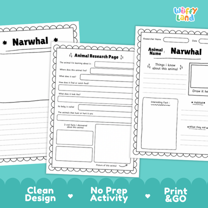 Narwhal Animal Research Page Worksheets Writing Activity