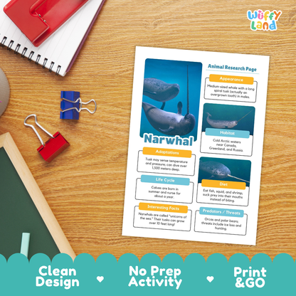 Narwhal Animal Research Page Worksheets Writing Activity