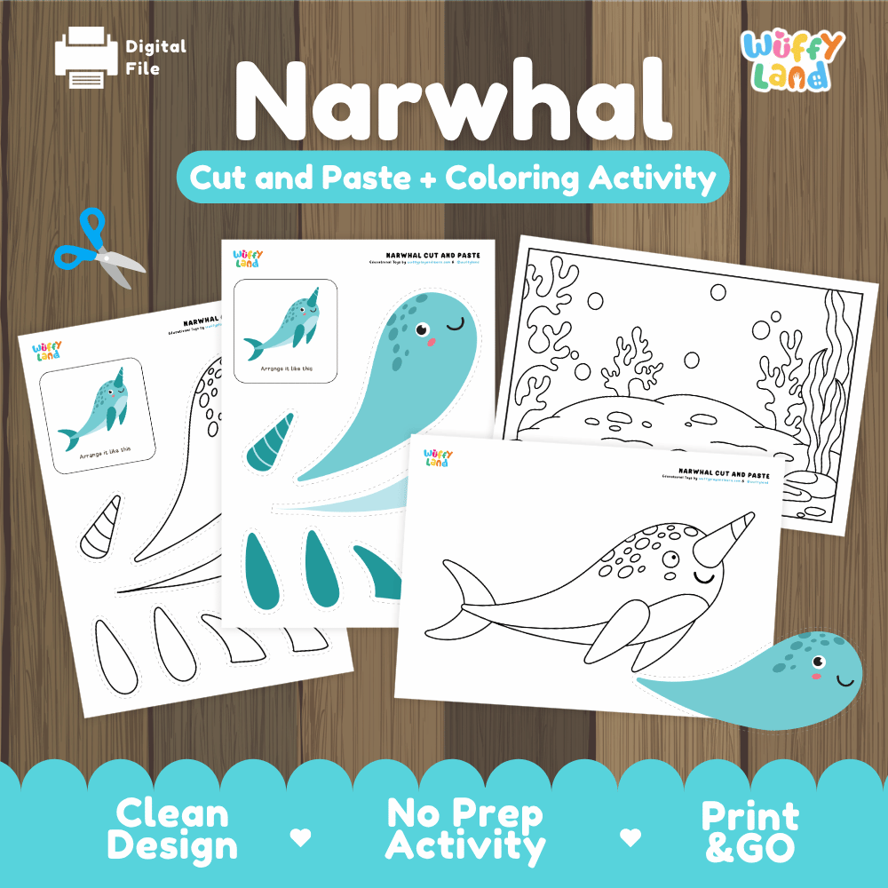Narwhal Cut and Paste Craft and Coloring Activity Worksheets
