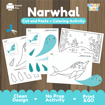 Narwhal Cut and Paste Craft and Coloring Activity Worksheets